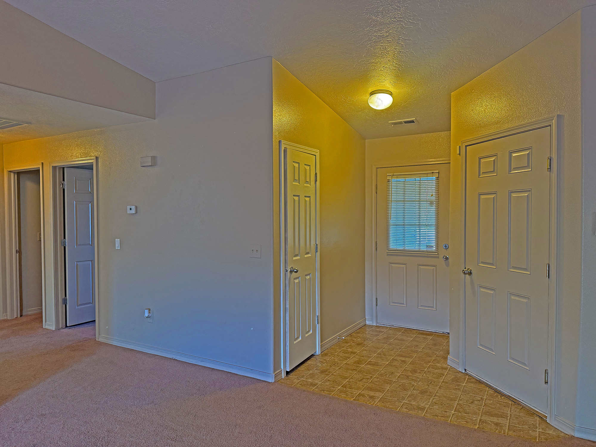 Inside view of front door, coat closet, and garage door from Great Room